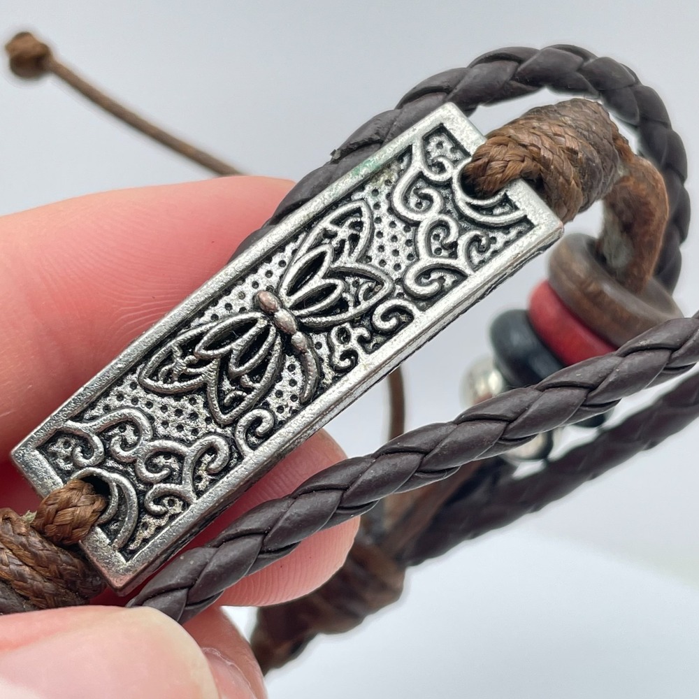 Vintage 90s Butterfly Engraved Silver Tone Plate Brown Braided Leather Bracelet